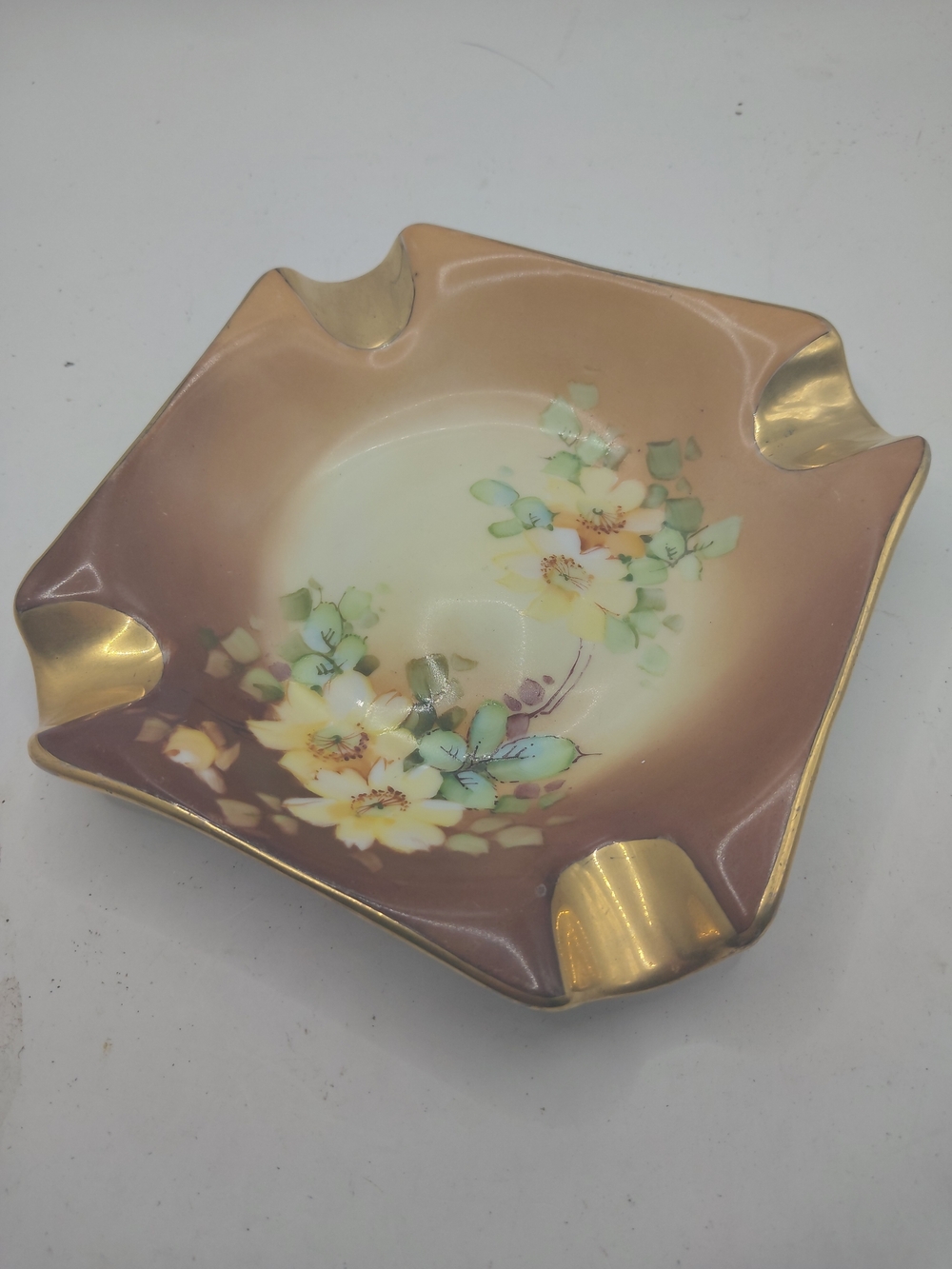 Vintage Bavaria Ashtray Poreclain Ceramic Hand Painted Flowers